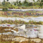 190 SNOWY EGRETS LANDING WATERCOLOR 22X18